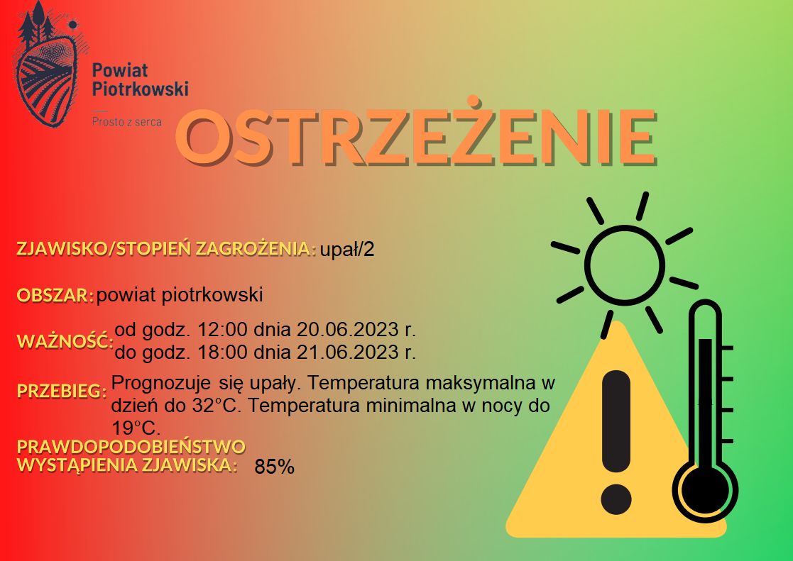 Grafika ostrzegająca o upałach na terenie powiatu piotrkowskiego. Treść ostrzeżenia znajduje się w informacji.