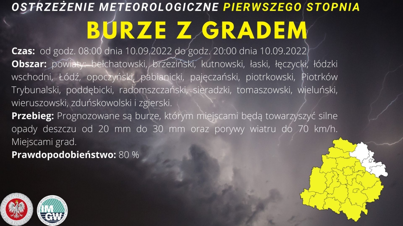 Instytut Meteorologii i Gospodarki Wodnej - IMGW PIB wydał ostrzeżenie meteorologiczne I stopnia: Zjawisko: Burze z gradem Obszar: powiaty: bełchatowski, brzeziński, kutnowski, łaski, łęczycki, łódzki wschodni, Łódź, opoczyński, pabianicki, pajęczański, piotrkowski, Piotrków Trybunalski, poddębicki, radomszczański, sieradzki, tomaszowski, wieluński, wieruszowski, zduńskowolski i zgierski. Ważność: od godz. 08:00 dnia 10.09.2022 do godz. 20:00 dnia 10.09.2022 Przebieg: Prognozowane są burze, którym miejscami będą towarzyszyć silne opady deszczu od 20 mm do 30 mm oraz porywy wiatru do 70 km/h. Miejscami grad. Prawdopodobieństwo: 80%