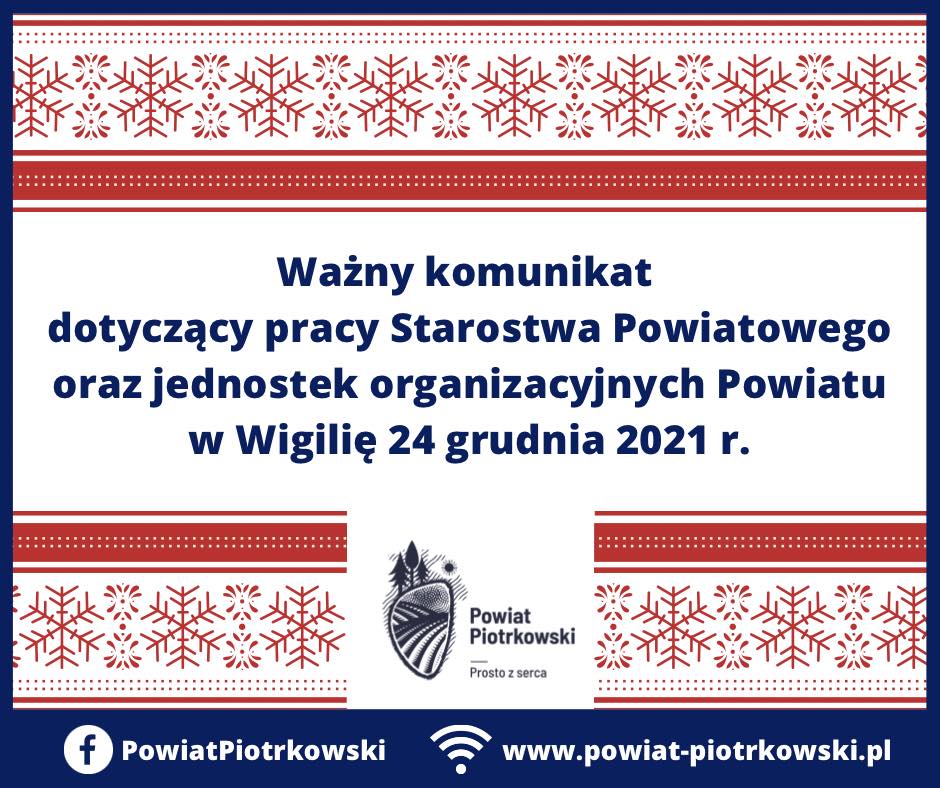 Grafika. Ważny komunikat o tym, że Starostwo w wigilię nie pracuje