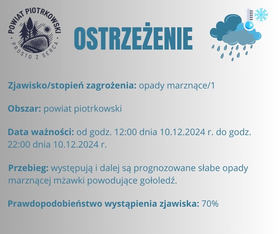 Grafika ostrzegająca o opadach marznących na terenie powiatu piotrkowskiego. Treść ostrzeżenia znajduje się w poście.