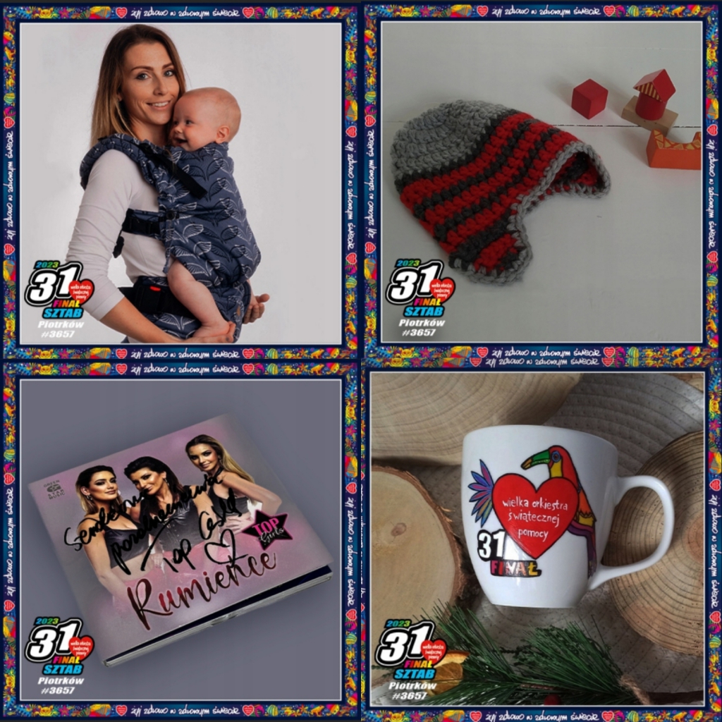 Grafika przedstawiająca mamę z dzieckiem, czapkę, płytę CD oraz Kubek z logo 31 finału WOŚP. Na grafice także logo 31 finału WOŚP Sztab Piotrków 3657