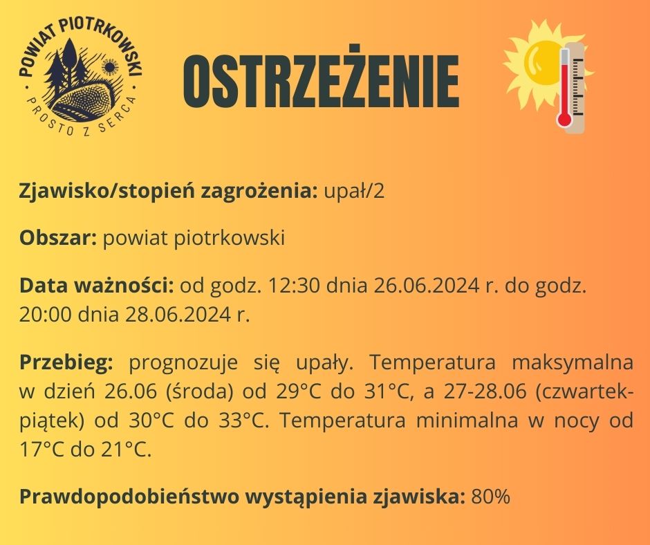 Grafika ostrzegająca o upale na terenie powiatu piotrkowskiego. Treść ostrzeżenia znajduje się w poście. 