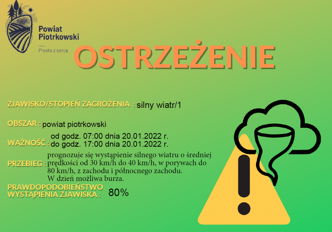 Informacja o silnym wietrze w powiecie piotrkowskim w dniu 20 stycznia 2022 roku