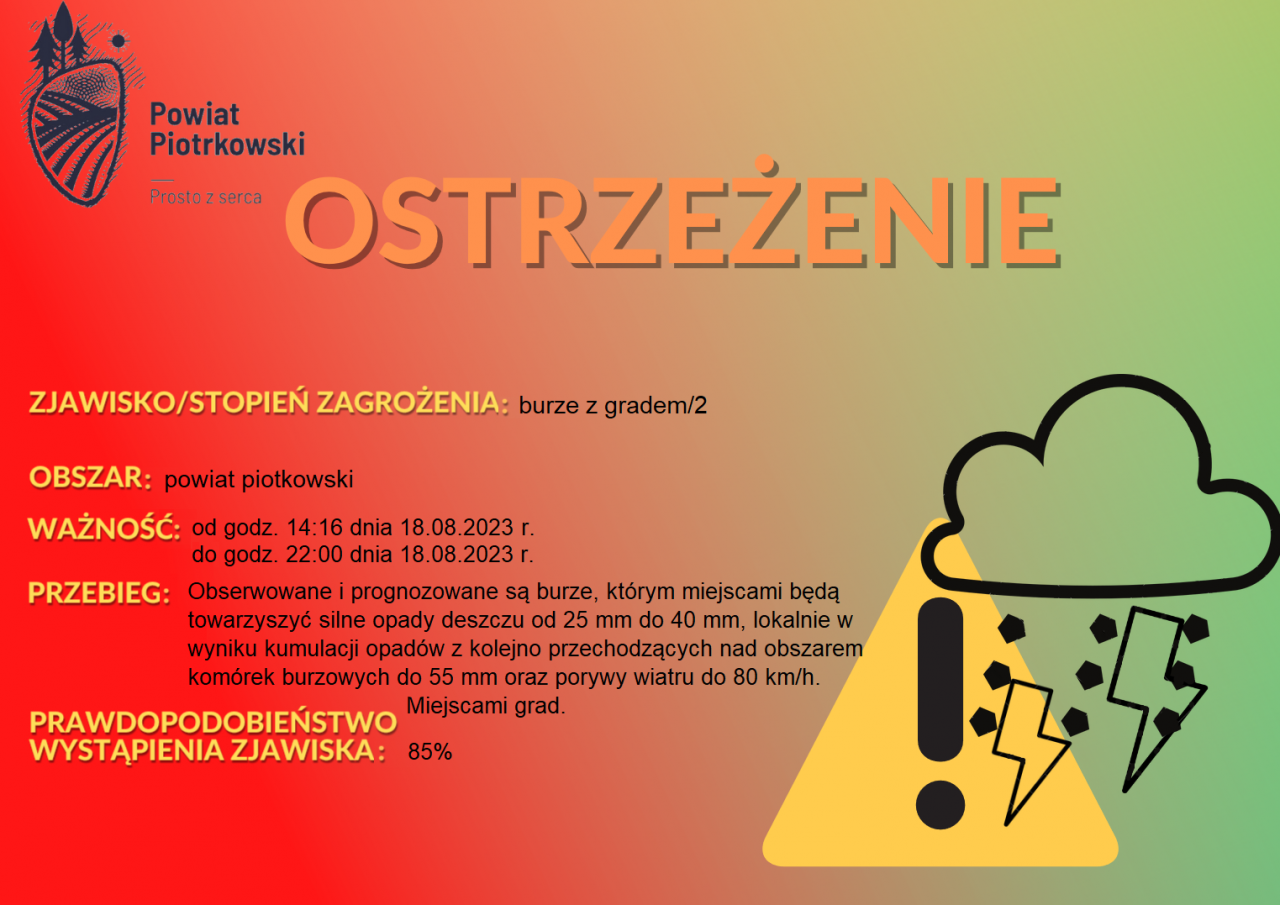 Grafika ostrzegająca o burzach z gradem na terenie powiatu piotrkowskiego. Treść ostrzeżenia znajduje się w poście.