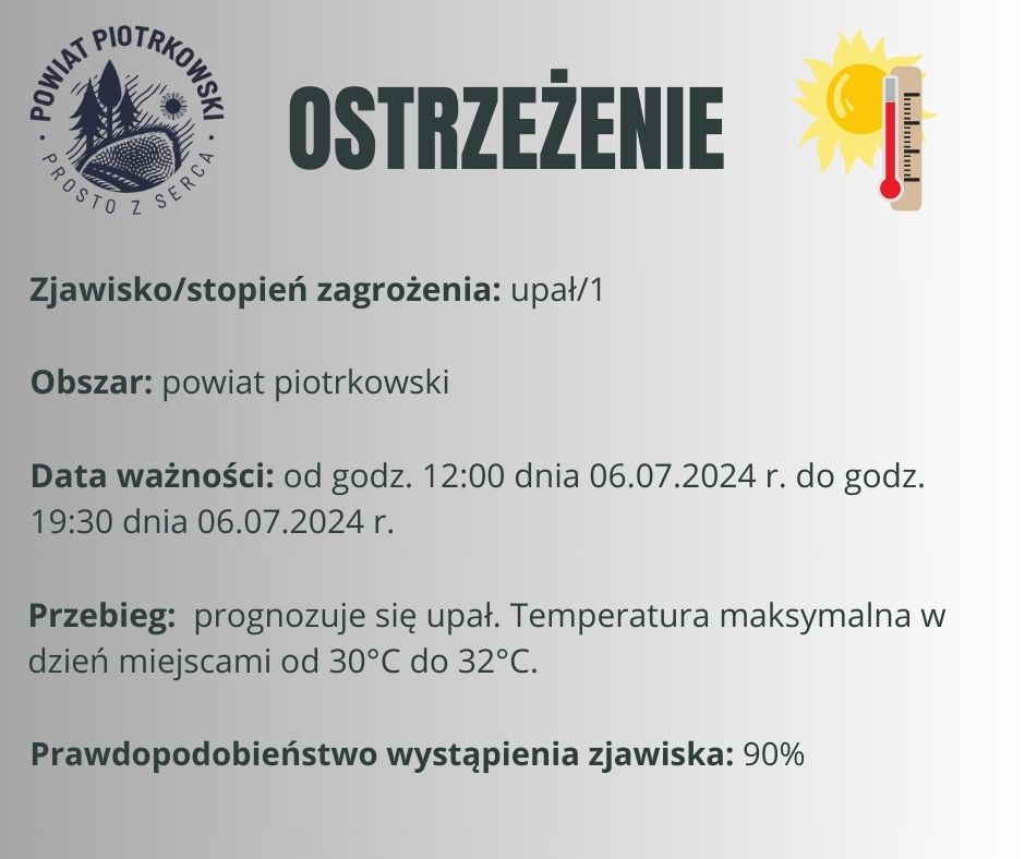 Grafika ostrzegająca o upale na terenie powiatu piotrkowskiego. Treść ostrzeżenia znajduje się w poście.