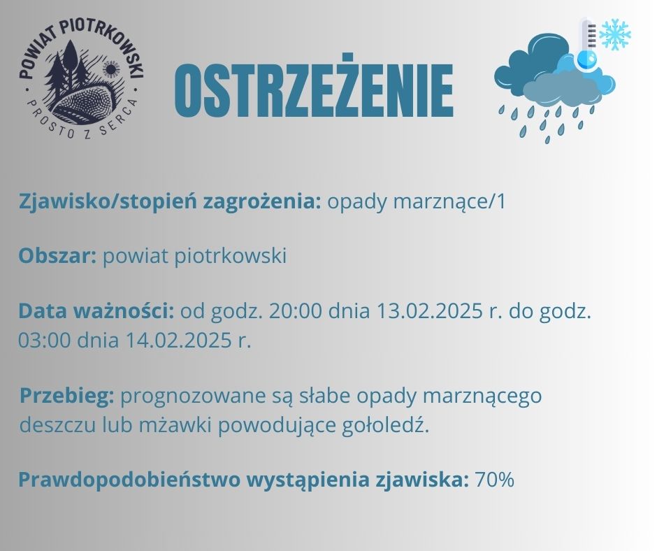 Grafika ostrzegająca o opadach marznących na terenie powiatu piotrkowskiego. Treść ostrzeżenia znajduje się w poście.