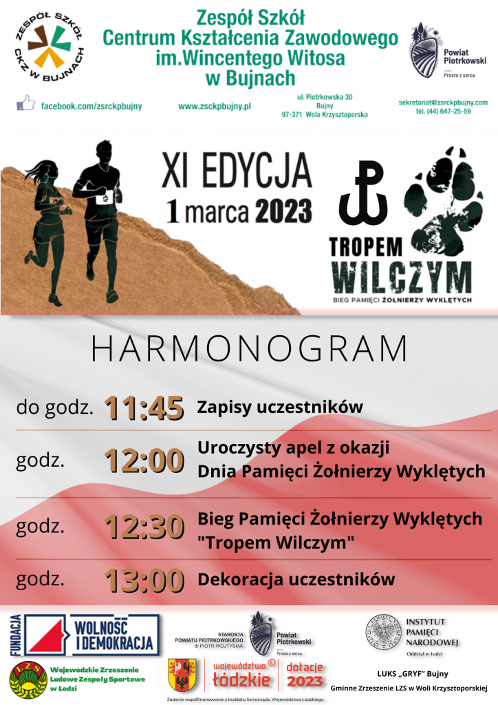 Grafika przedstawiająca biegnących ludzi, logo Powiatu Piotrkowskiego prosto z serca, logo szkoły w Bujnach, województwa łódzkiego, fundacji wolność i demokracja, instytutu pamięci narodowej, wojewódzkiego zrzeszenia lzs