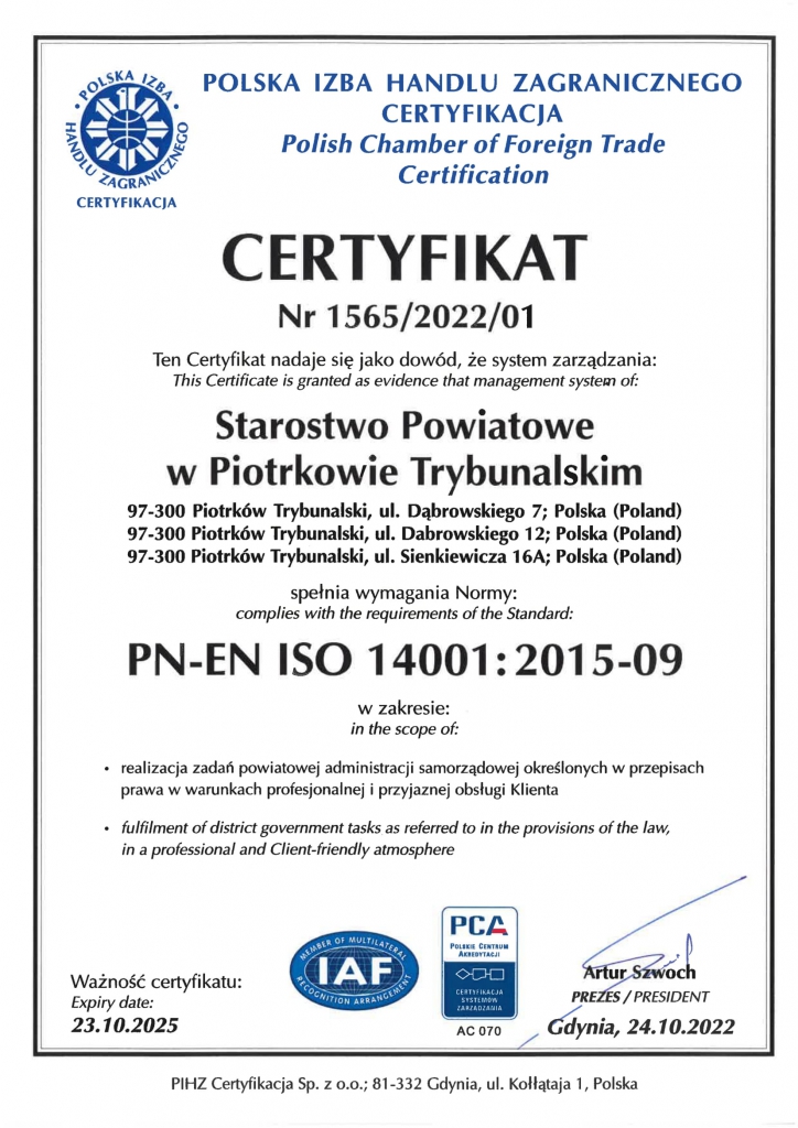 Certyfikat ISO wydany przez Polską Izbę Handlu Zagranicznego.