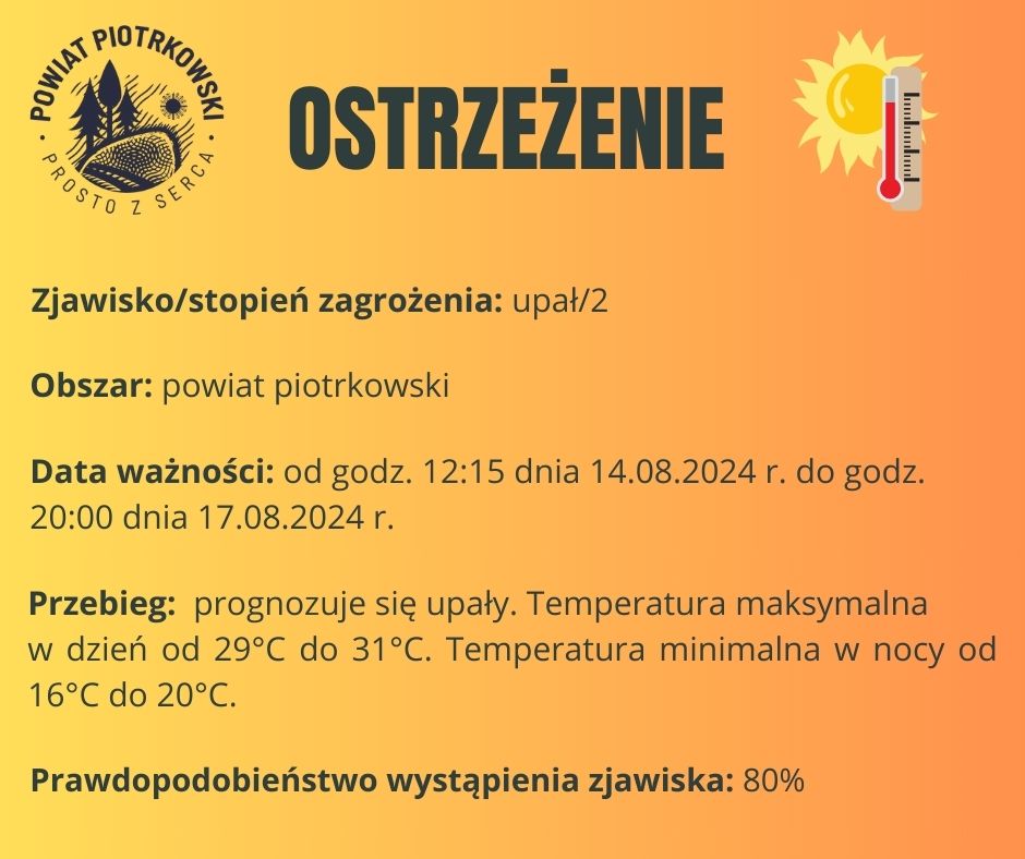Grafika ostrzegająca o upałach na terenie powiatu piotrkowskiego. Treść ostrzeżenia znajduje się w poście.