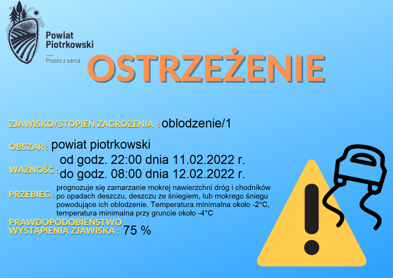 Informacja o śliskich nawierzchniach w powiecie piotrkowskim w nocy 11 lutego 2022 roku