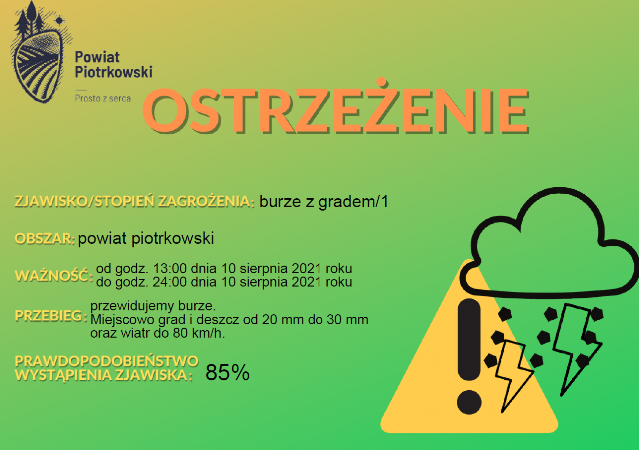 Komunikat o burzach z gradem w powiecie piotrkowskim w dniu 10 sierpnia 2021 roku