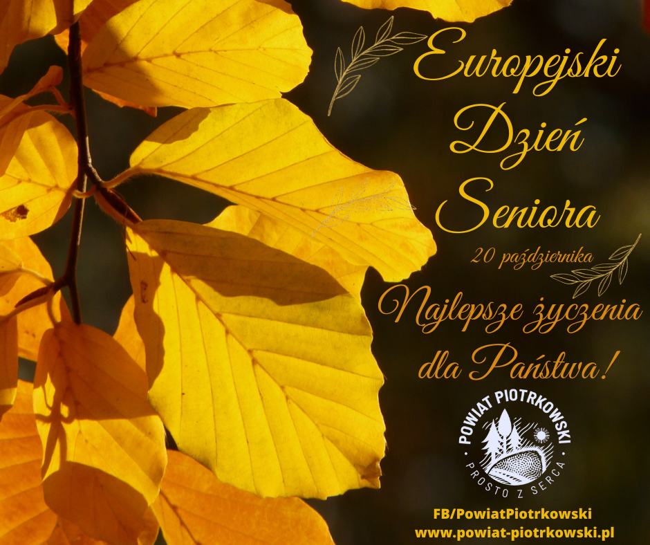 grafika w&nbsp;kolorach ciemnobrązowym oraz pomarańczowym i&nbsp;żółtym. Europejski Dzień Seniora 20 października Najlepsze życzenia dla Państwa!